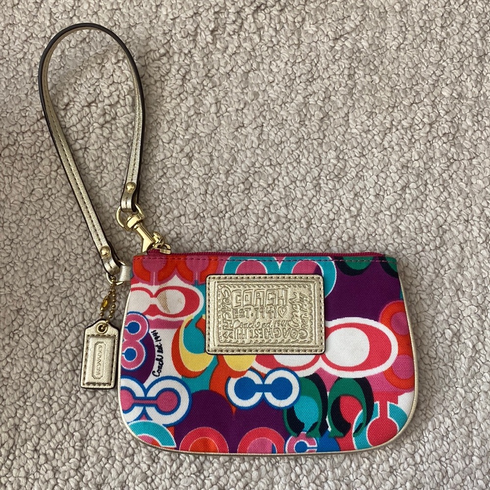 Coach Multi Colorful Bold Graffiti & Gold Poppy Signature Jacquard Wristlet